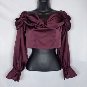Fore Dark Purple Off The Shoulder Ruched Neckline Satin Crop Blouse Women's S